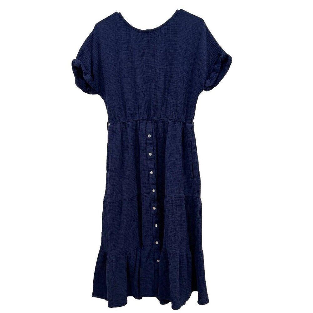 Magaschoni Blue Cotton Dress Sz M Gauze Organic Midi Full Coastal Boho Tiered
